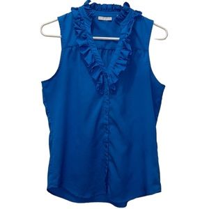 •NEW YORK & COMPANY•BLUE RUFFLE BUTTON DOWN TANK TOP BLOUSE SIZE SMALL. EUC